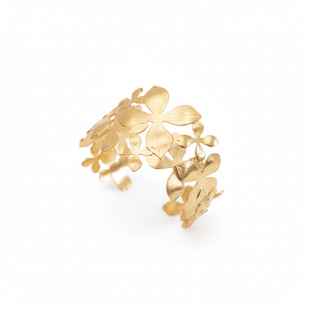 Golden Textured Flower Broad Bracelet