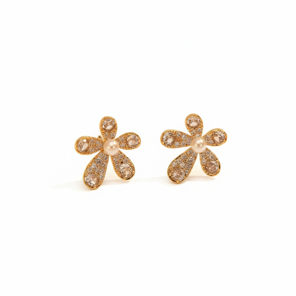 Diamond & Pearl Flowe Earrings