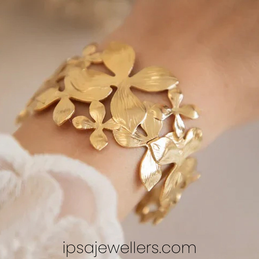 Golden Textured Flower Broad Bracelet