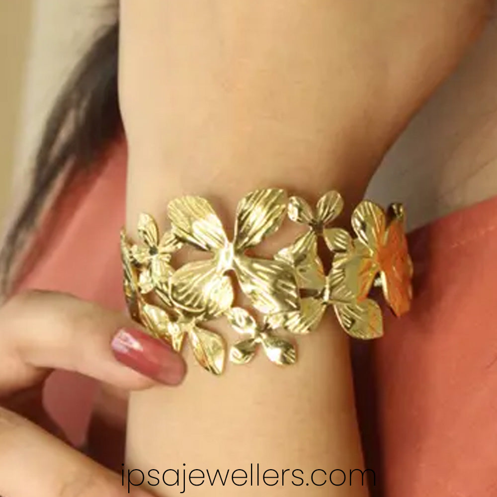 Golden Textured Flower Broad Bracelet