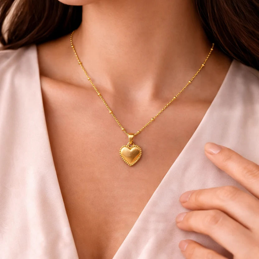 Beaded Heart Pendant Necklace - Anti Tarnish