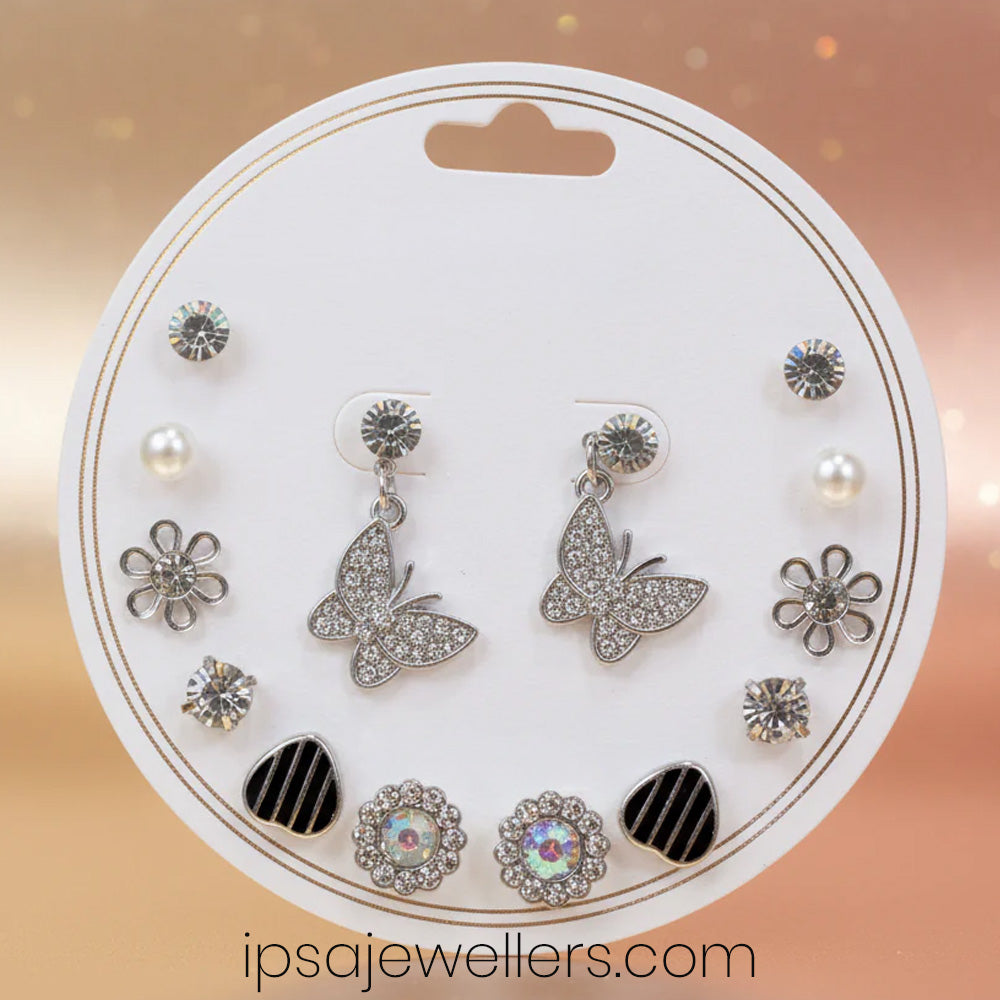 Silver Plated Butterfly 7 pair Earrings Combo Set