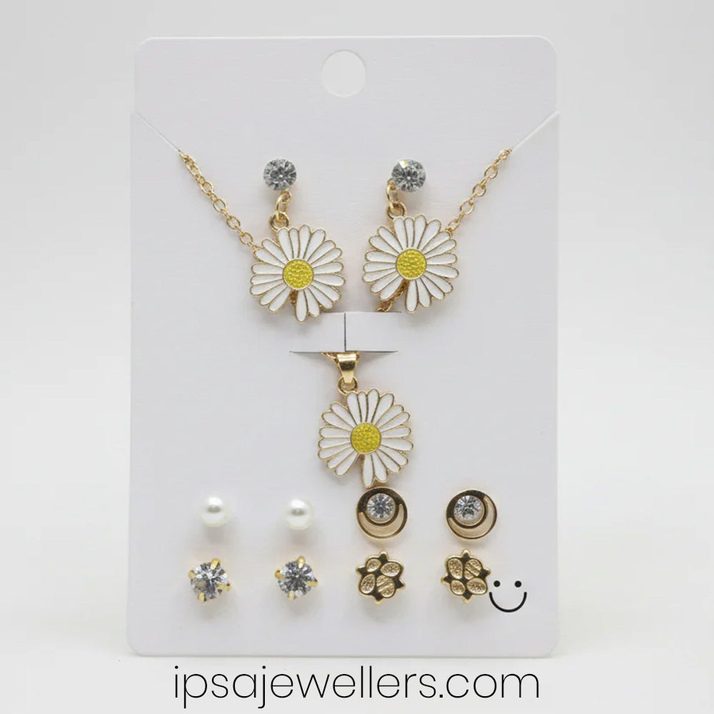 White Flower Necklace & 5 Earrings combo Set