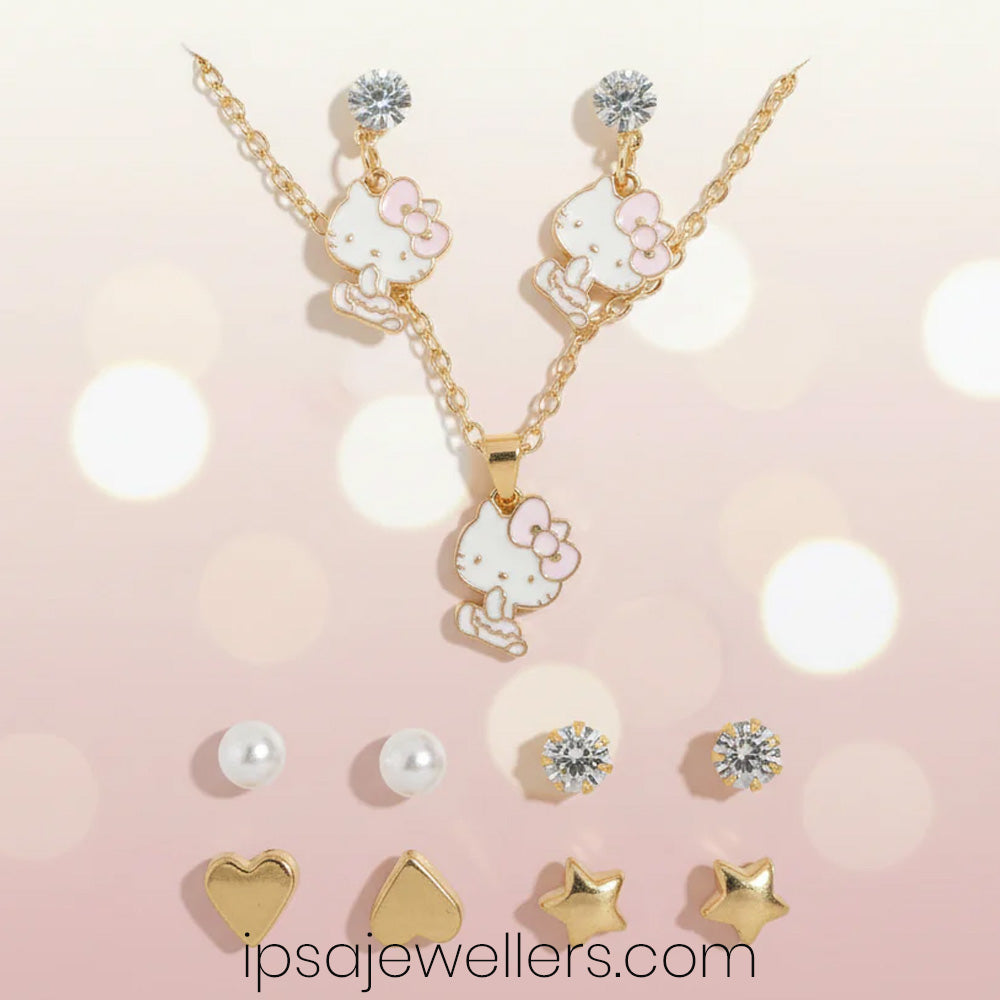 Pink Cat Necklace & Earrings Combo Set