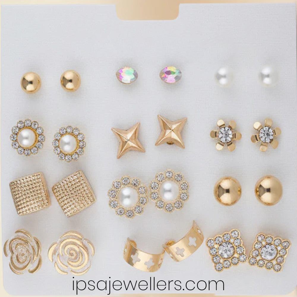 12-Pair Gold plated Anti Tarnish Earrings combo