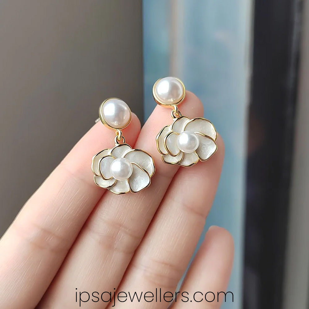 White Shell With Pearl Earrings