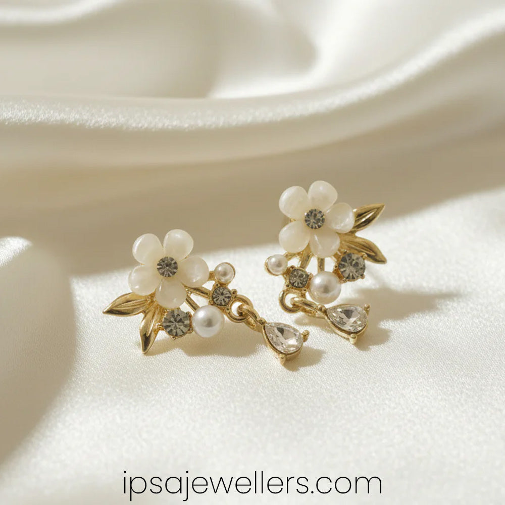 Small White Flower With Pearl Earrings